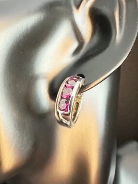 Sterling Silver Pink Stone Hoop Earrings – 925 – 6g – Channel Set – Huggie Style